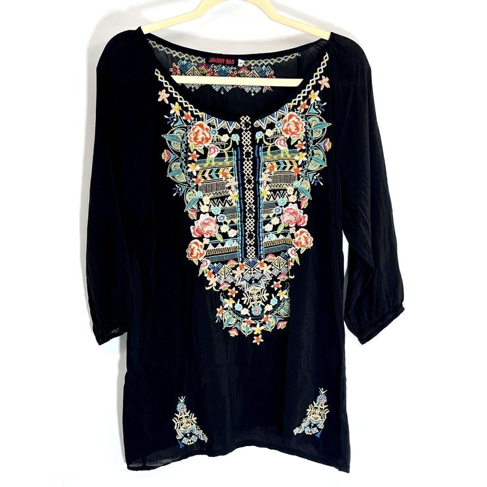 Johnny Was Black Floral Embroidered Tunic Top Small Crinkled Cupra Rayon Boho - Picture 4 of 16